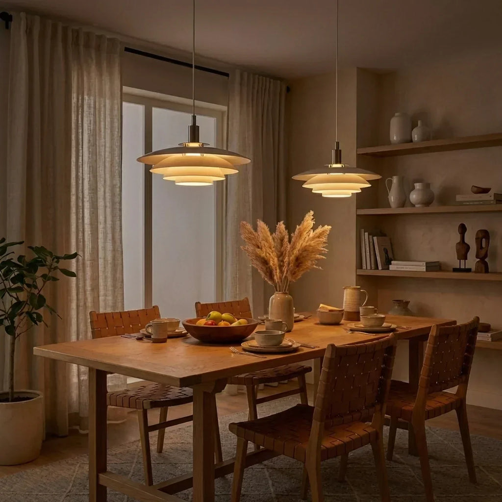 Danish Modern Tiered Pendant Light With Layered Metal Shade For Soft Downward Ambience