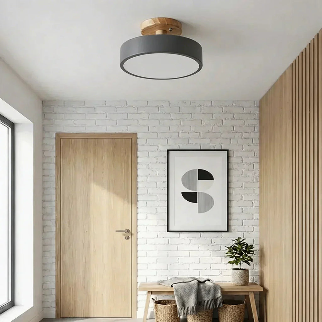 Wood Round Semi Flush Mount Ceiling Light With Integrated LED And Acrylic Diffuser
