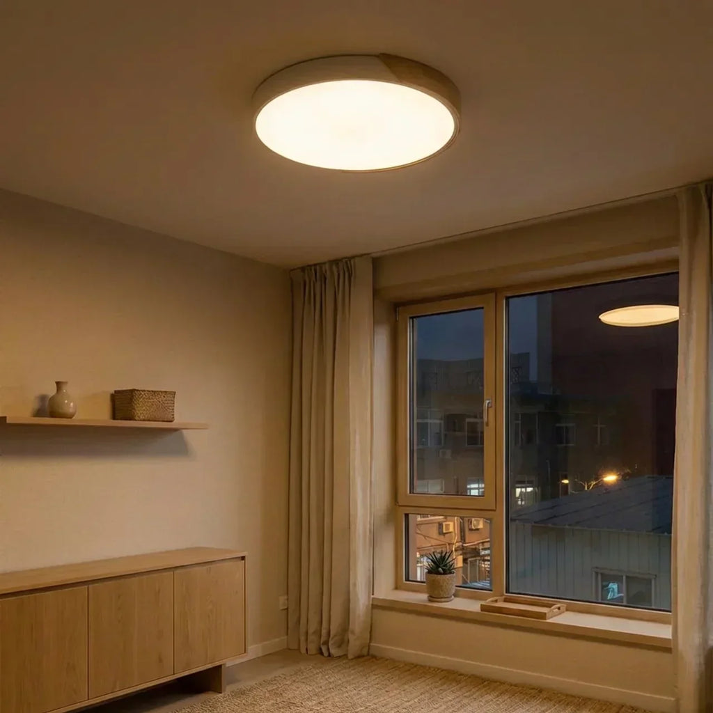 Round Wood Ceiling Light With LED Design And Flush Mount Style For Modern Indoor Living