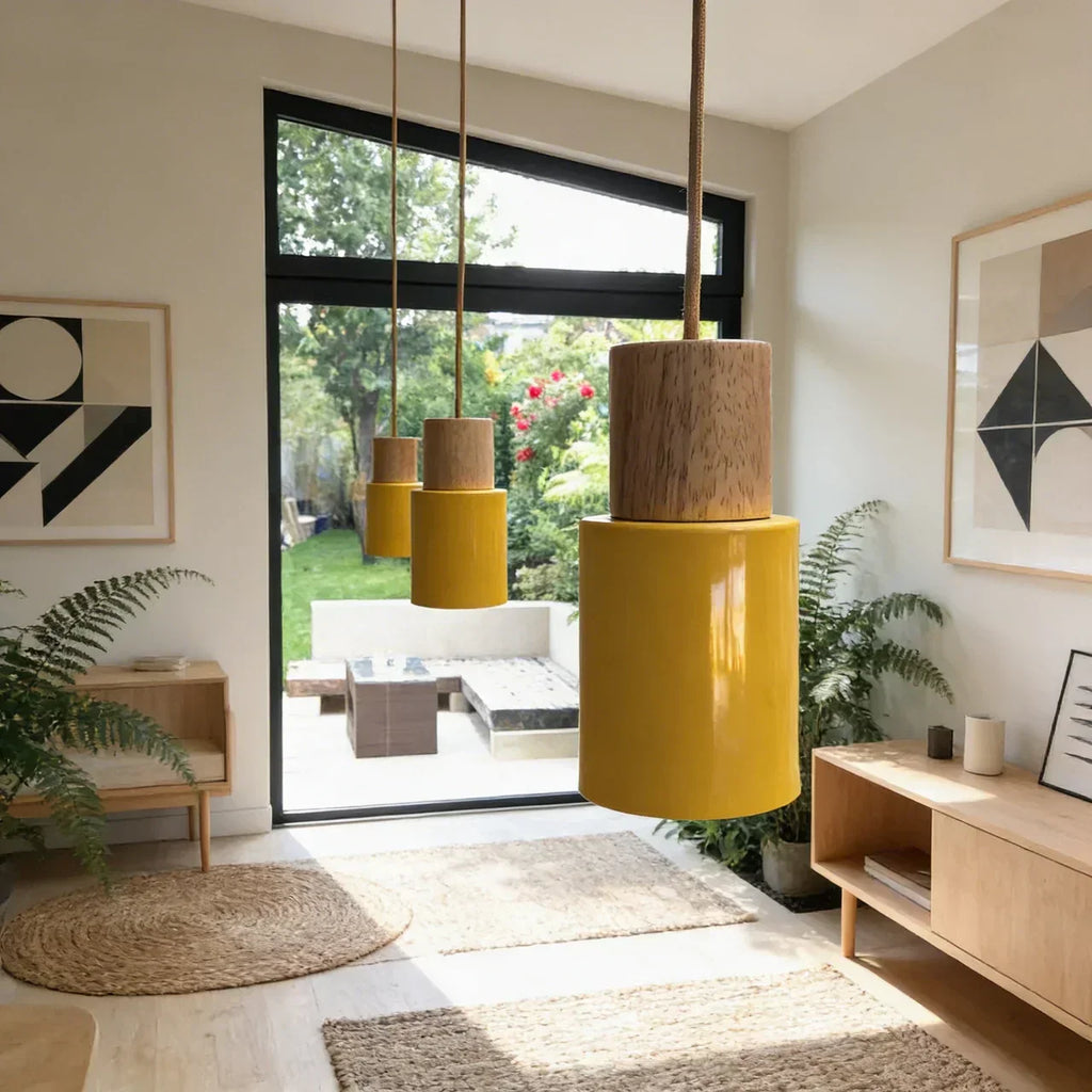 Aluminium Cylinder Pendant Light With Wood Detail Ceiling Mount Fixture And Adjustable Cord For Home Interiors
