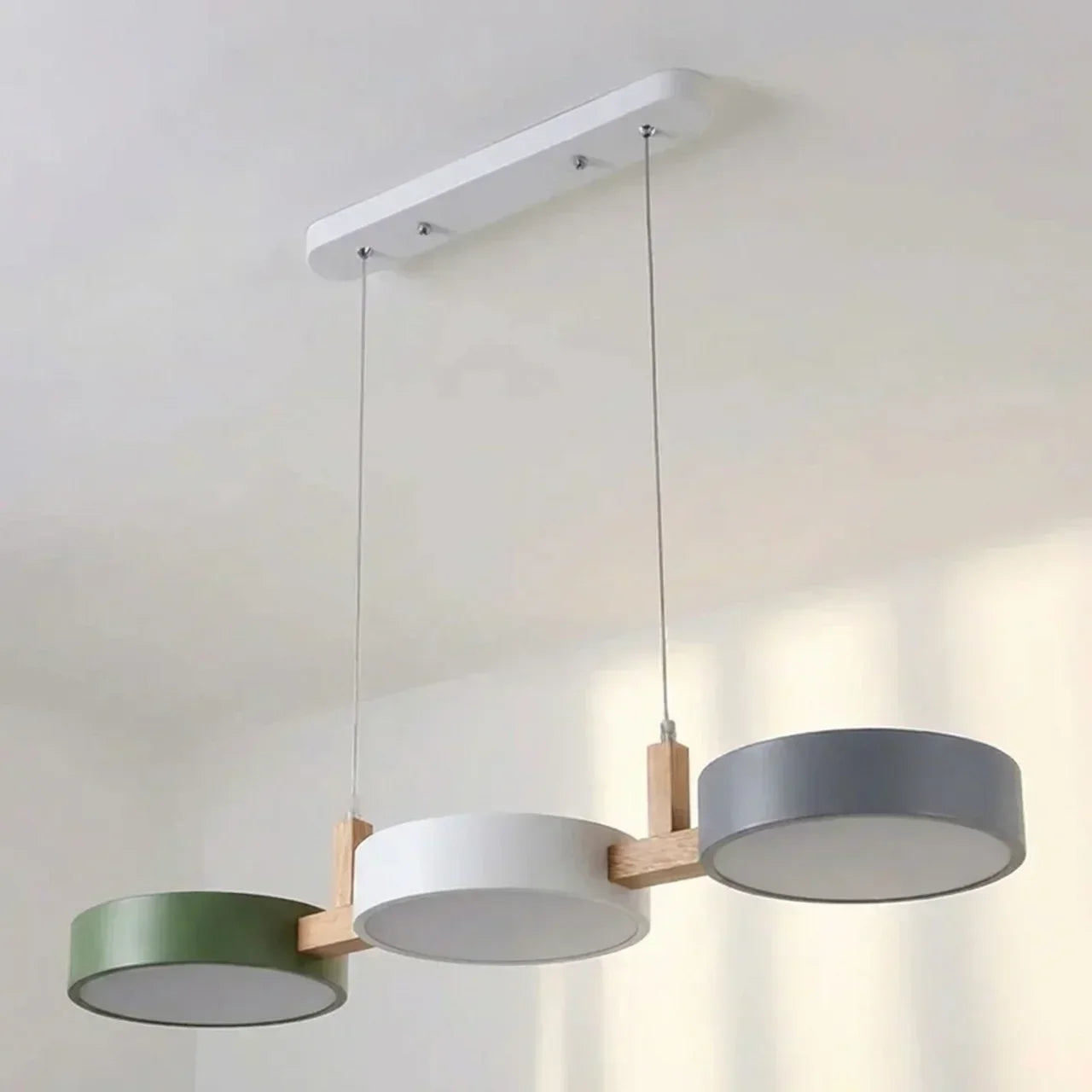 Wood Beam Pendant Light With Metal Drum Shade Array For Ceiling Installations Above Kitchen Islands