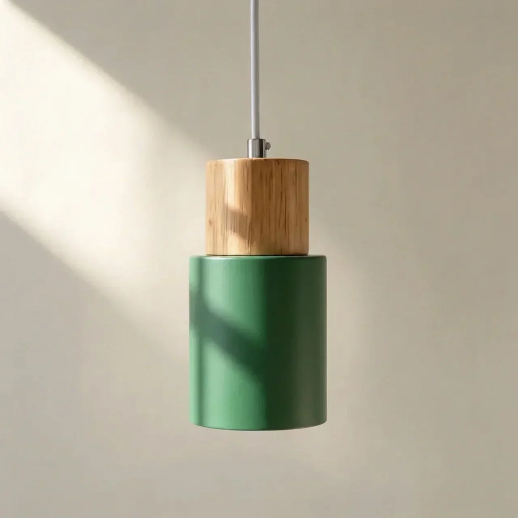 Aluminium Cylinder Pendant Light With Wood Detail Ceiling Mount Fixture And Adjustable Cord For Home Interiors