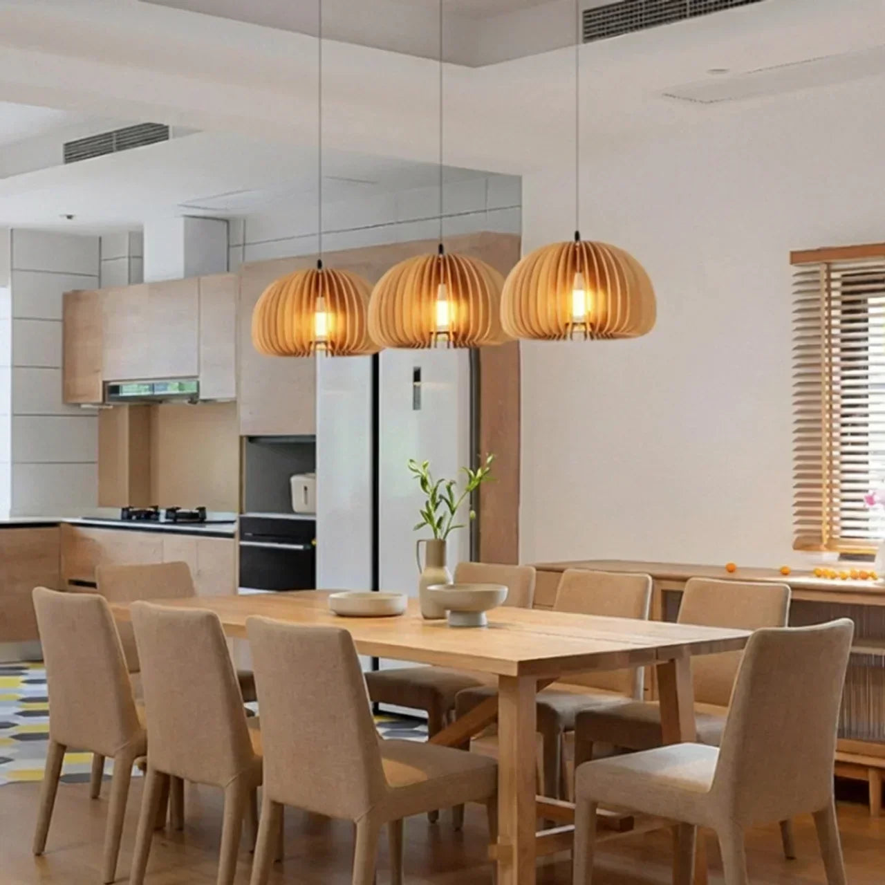 Wooden Pendant Lamp With Sculpted Rounded Shade For Warm Indoor Lighting In Minimalist Spaces