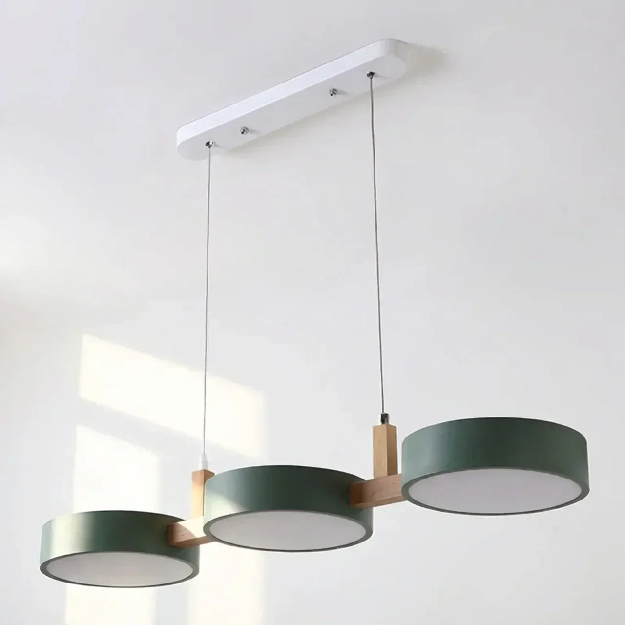 Wood Beam Pendant Light With Metal Drum Shade Array For Ceiling Installations Above Kitchen Islands