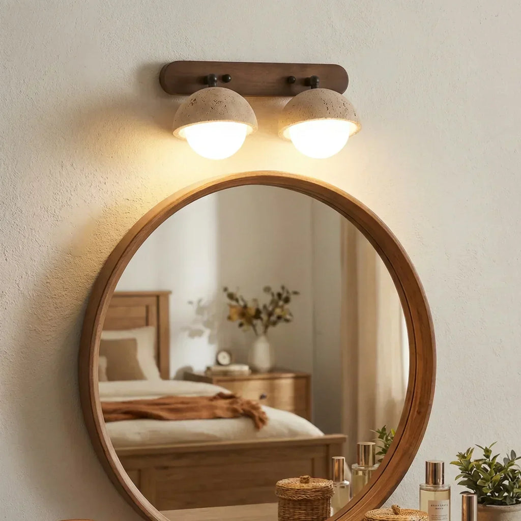Indoor Travertine And Rustic Wood Wall Light With Glass Shades For Home Interiors And Living Areas