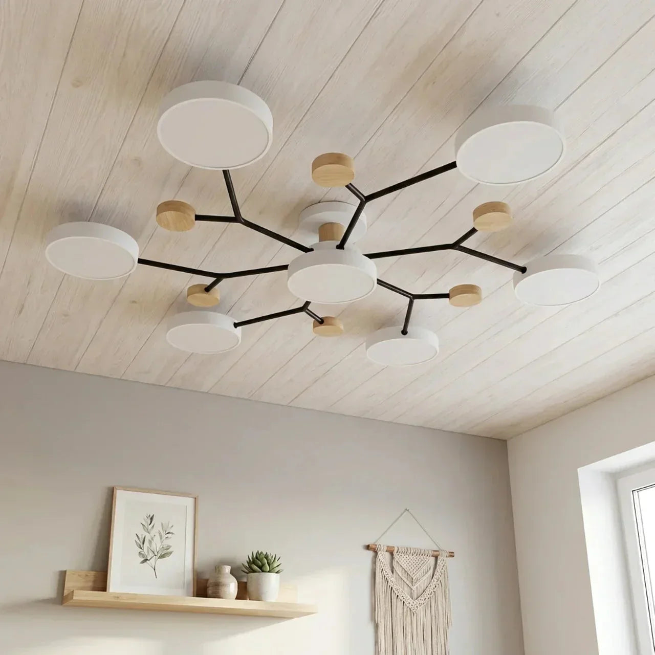 Branching Ceiling Light Fixture Featuring Wood Accents For Modern Living Spaces And Warm Ambience
