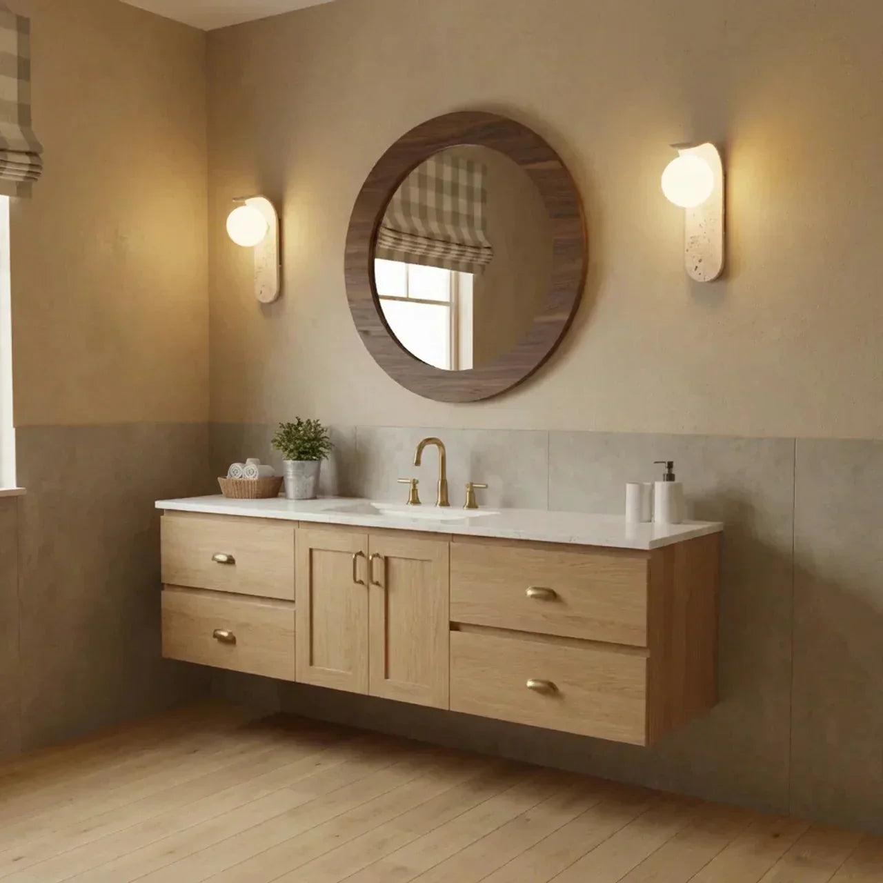 Wandleuchte mit Glasschirm und Travertin-Holz-Finish für Innenwohnräume oder Flure