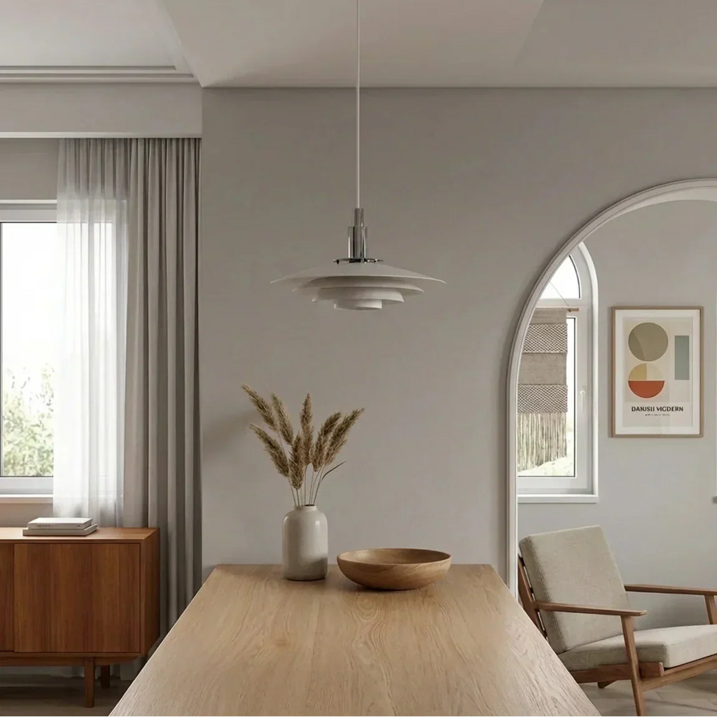 Danish Modern Tiered Pendant Light With Layered Metal Shade For Soft Downward Ambience