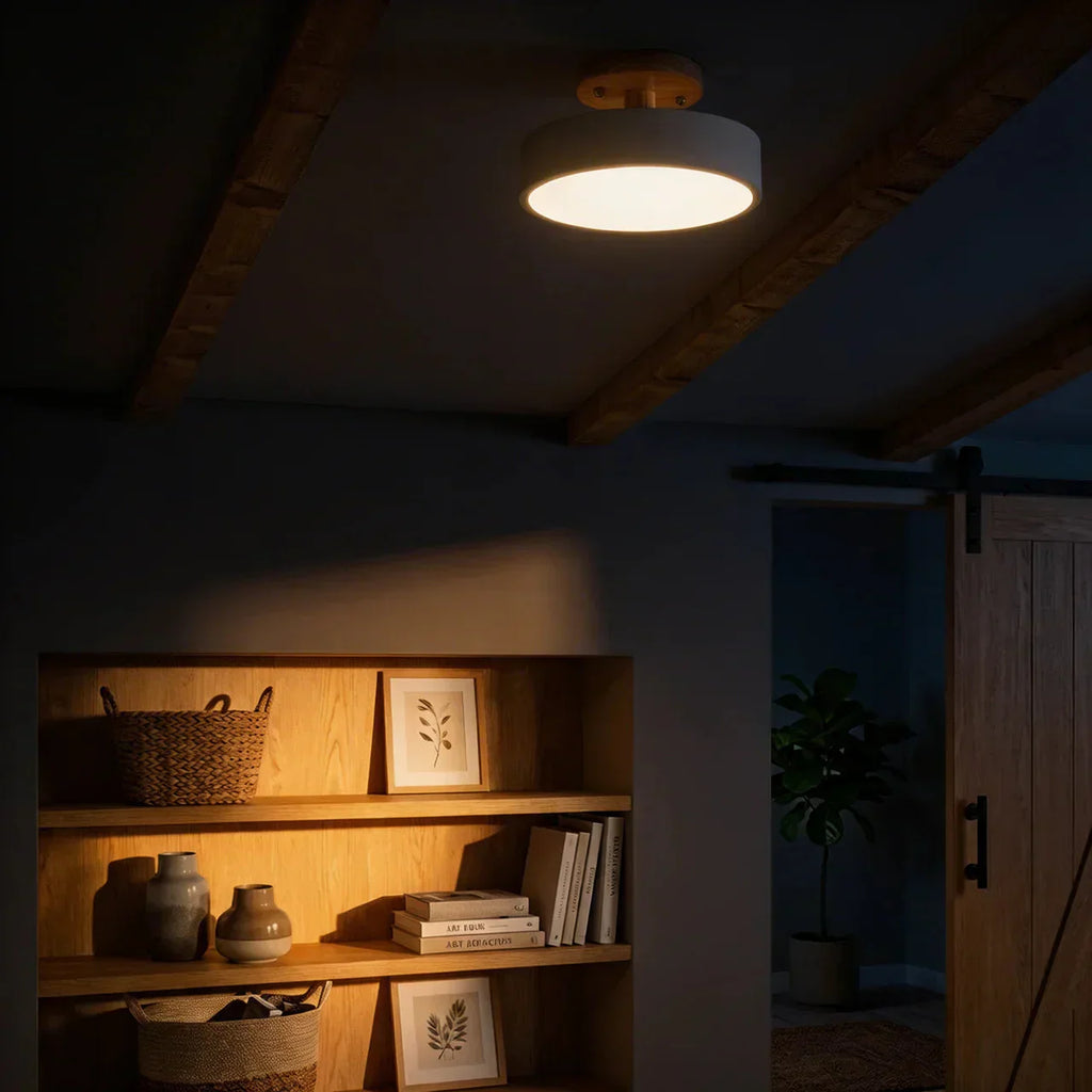 Wood Round Semi Flush Mount Ceiling Light With Integrated LED And Acrylic Diffuser