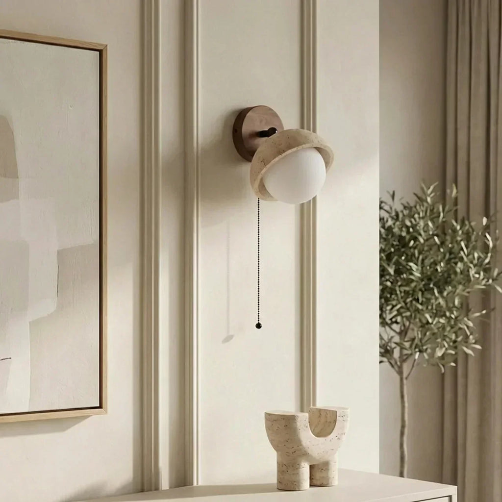 Indoor Wall Mounted Light Fixture With Travertine Shade And Solid Wood Body For Indoor Use