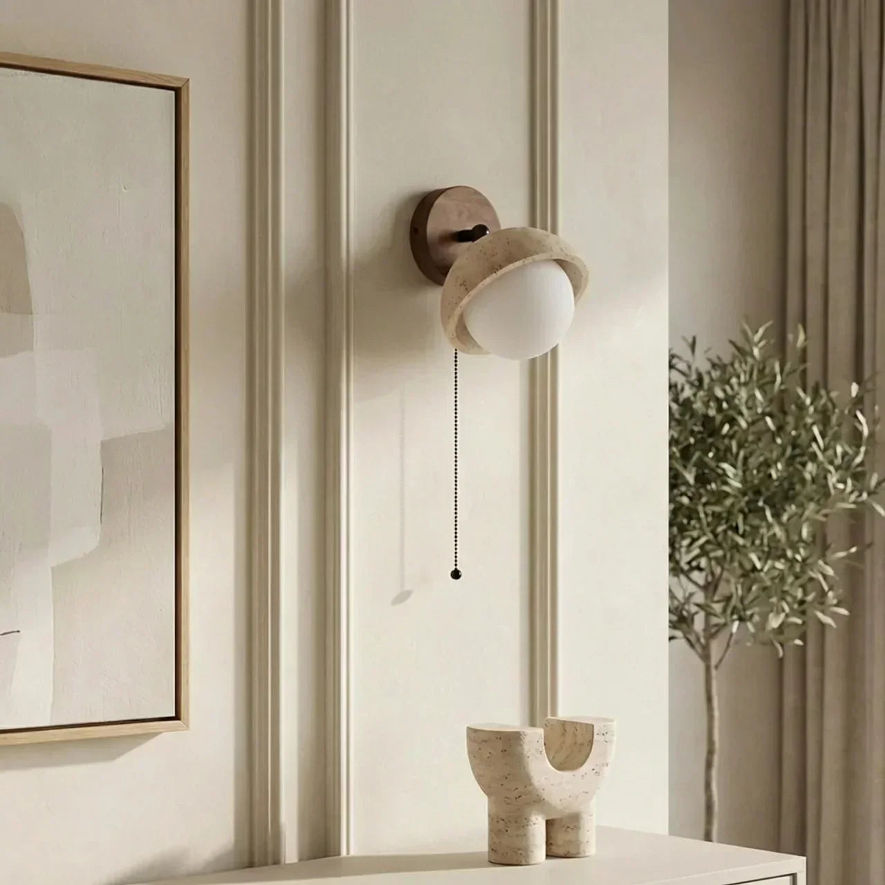 Indoor Wall Mounted Light Fixture With Travertine Shade And Solid Wood Body For Indoor Use
