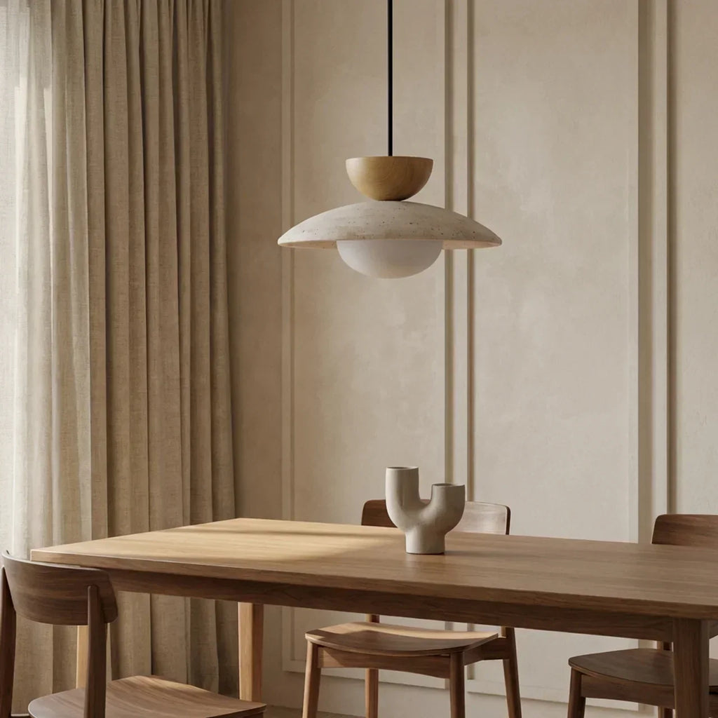 Elegant Travertine Pendant Light With Glass Diffuser And Wood Accent For Indoor Ceiling Installations
