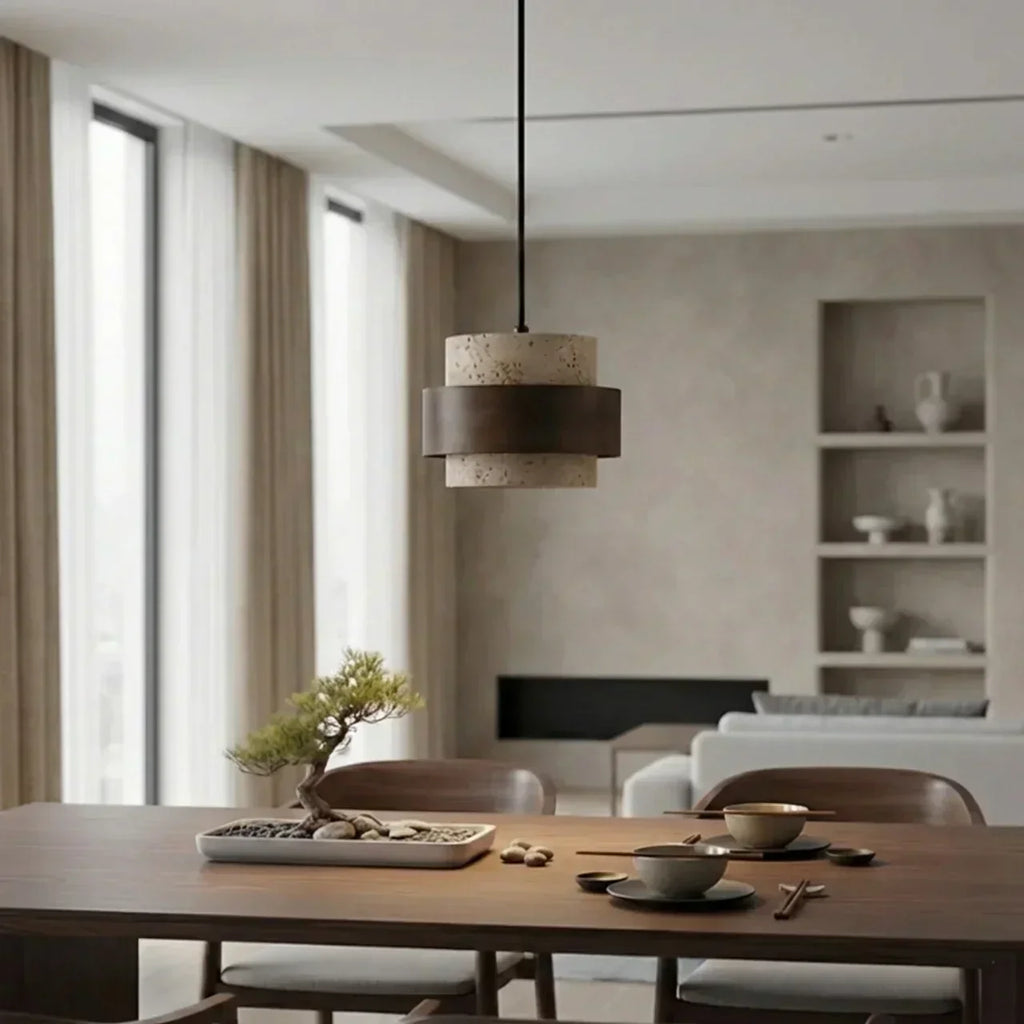 Pendant Light Made From Travertine With Walnut Wood Accent For Modern Interiors In Homes