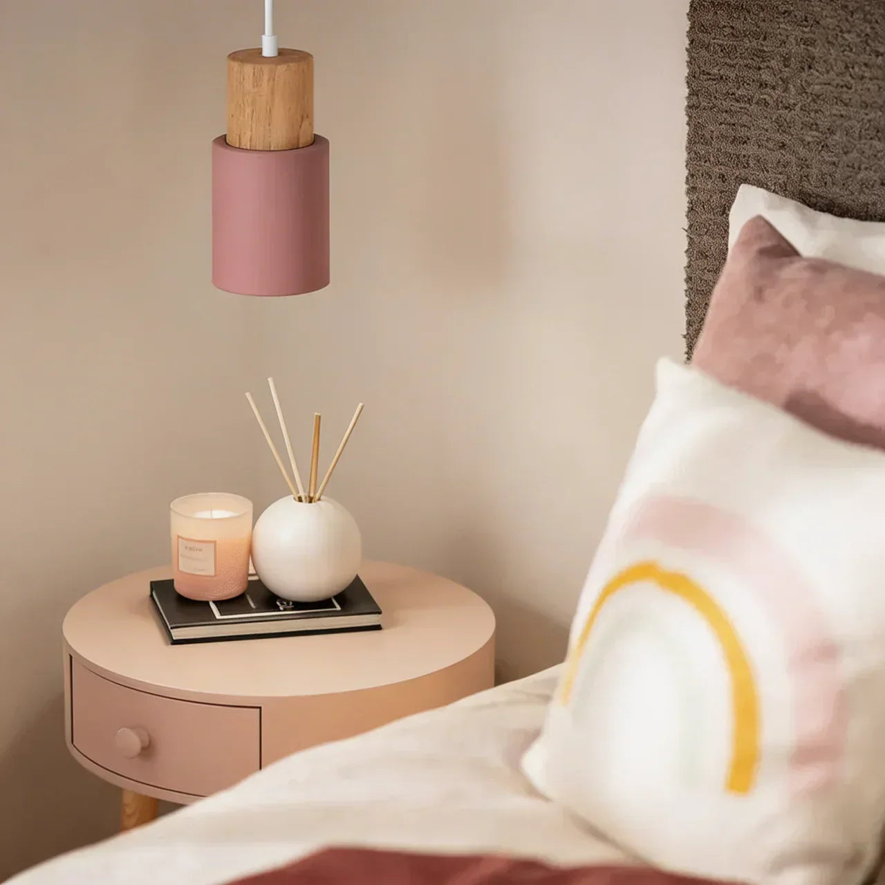 Aluminium Cylinder Pendant Light With Wood Detail Ceiling Mount Fixture And Adjustable Cord For Home Interiors