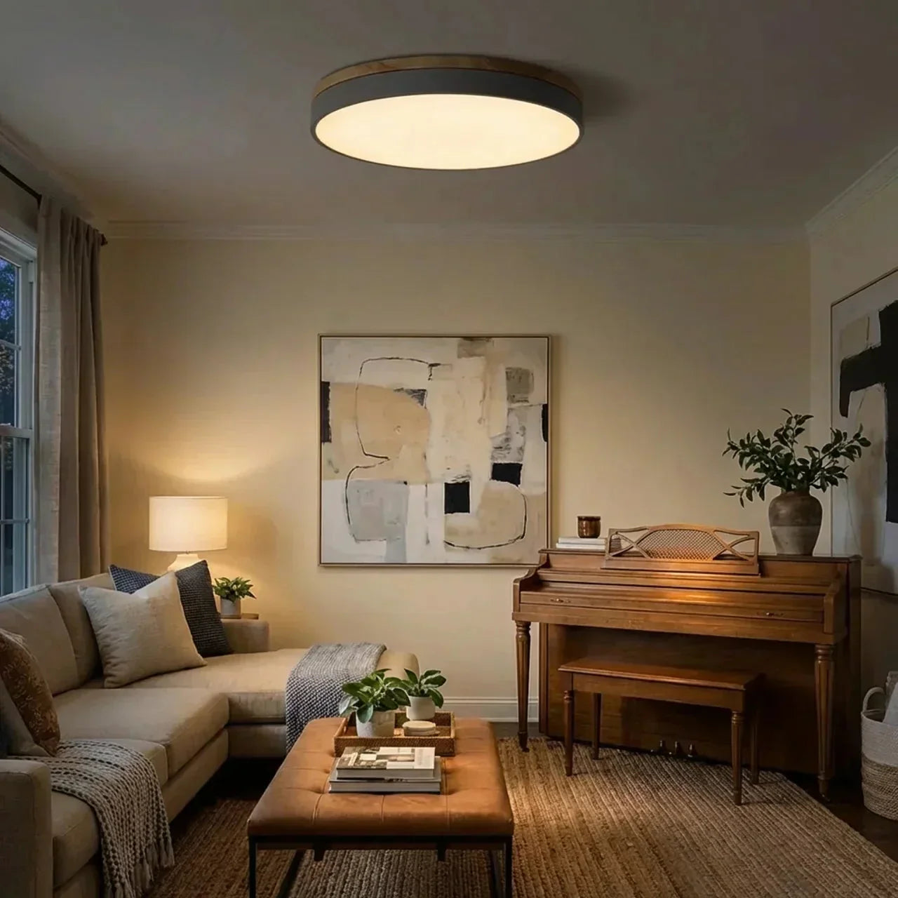 Ultra Slim Ceiling Light With Wood Accent Ring And Built In LED For Modern Indoor Spaces
