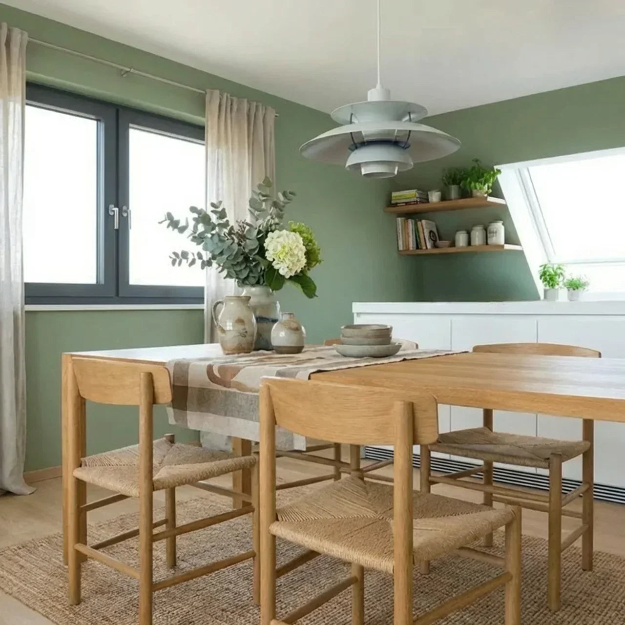 Danish Modern Inspired Pendant Fixture With Layered Shades For Downward Illumination
