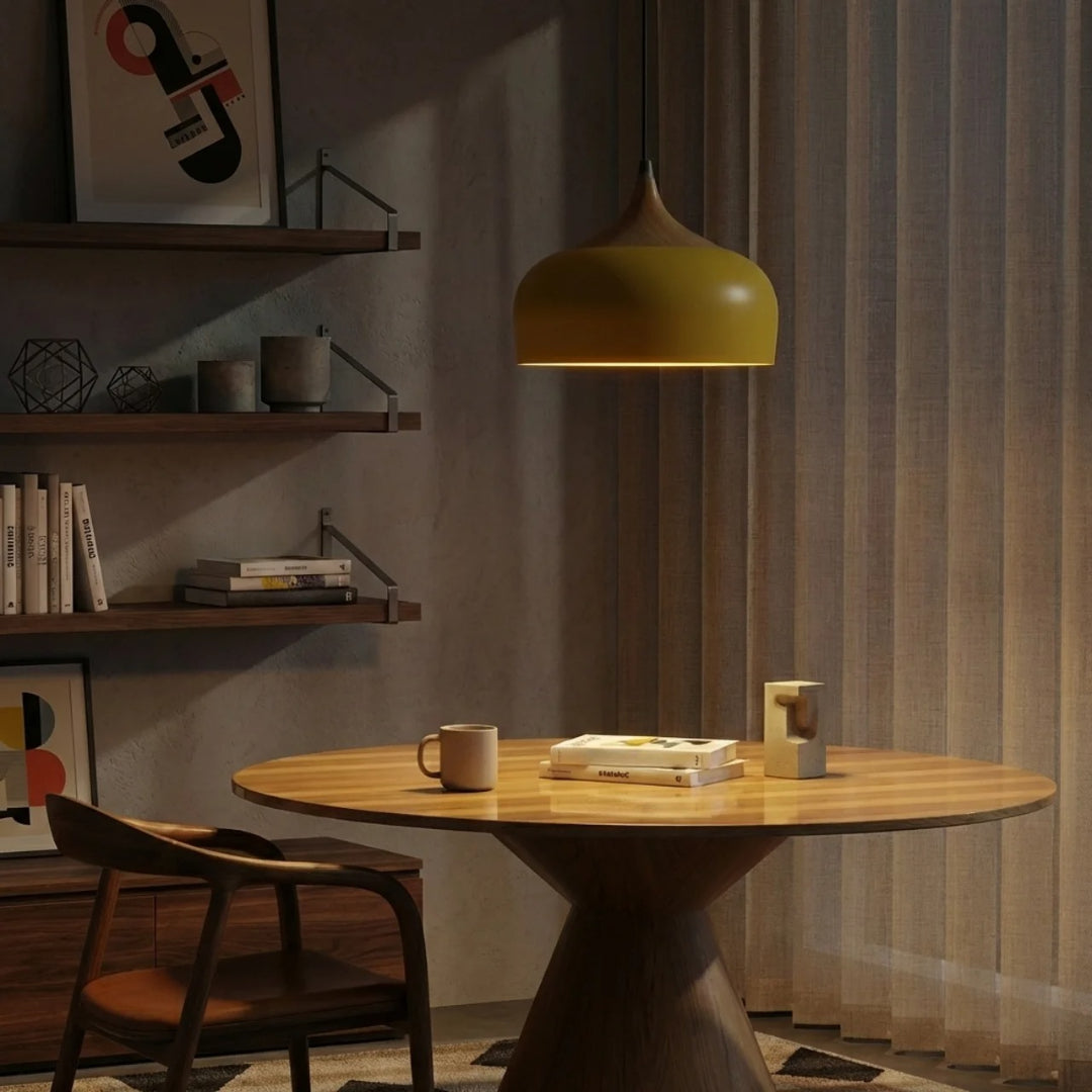 Geometric Sculptural Pendant Light With Metal Shade And Wood Accent For Modern Interiors
