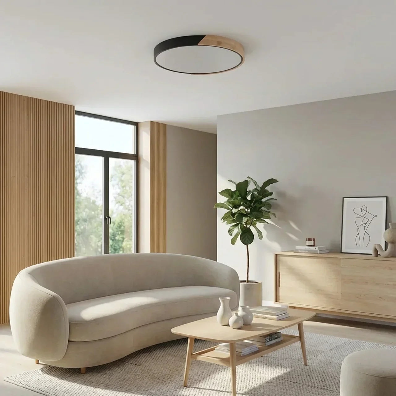 Round Wood Ceiling Light With LED Design And Flush Mount Style For Modern Indoor Living