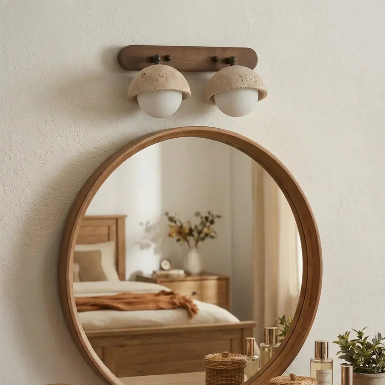 Indoor Travertine And Rustic Wood Wall Light With Glass Shades For Home Interiors And Living Areas