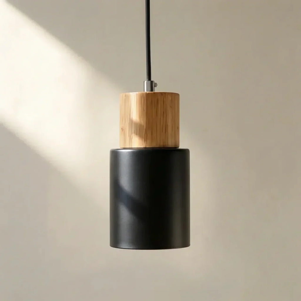 Aluminium Cylinder Pendant Light With Wood Detail Ceiling Mount Fixture And Adjustable Cord For Home Interiors
