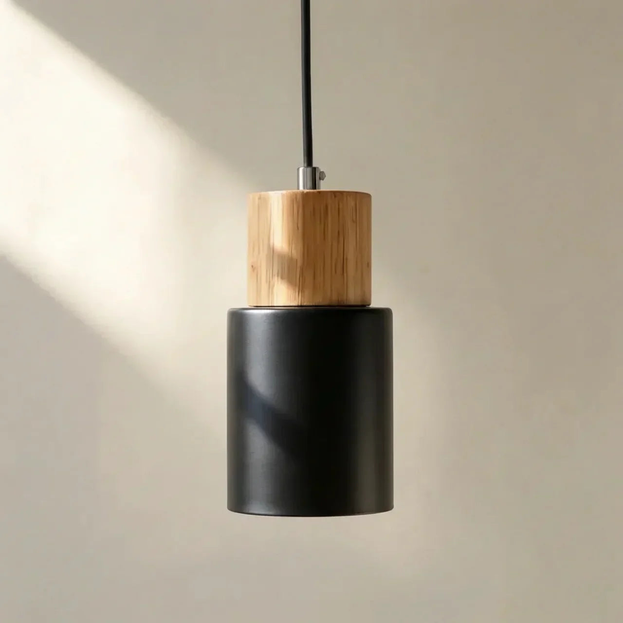 Aluminium Cylinder Pendant Light With Wood Detail Ceiling Mount Fixture And Adjustable Cord For Home Interiors