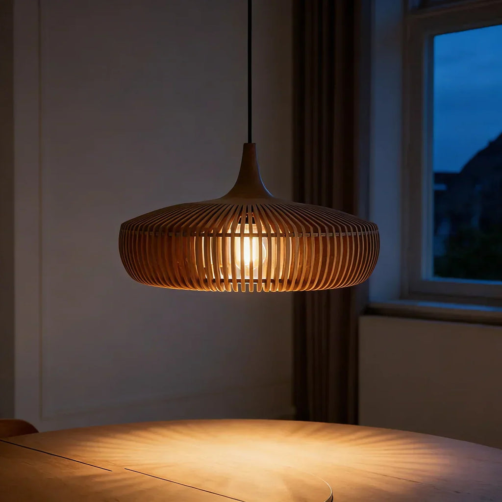 Warm Glow Wood Pendant Light With Minimalist Dome For Modern Interiors And Calm Ambience