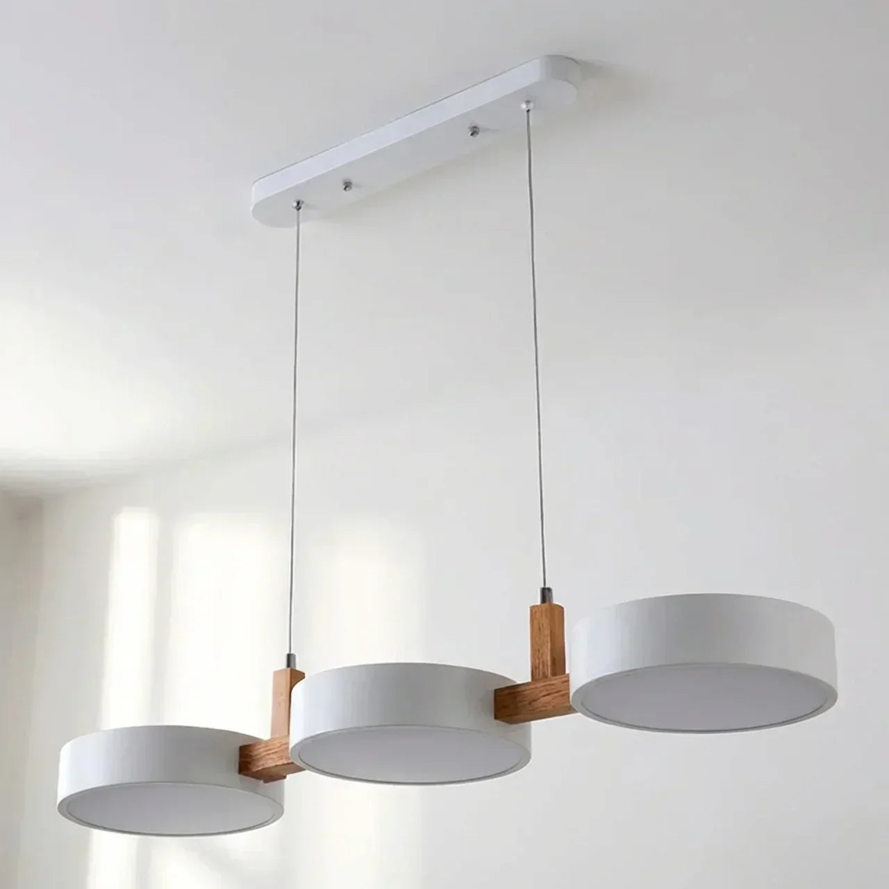 Wood Beam Pendant Light With Metal Drum Shade Array For Ceiling Installations Above Kitchen Islands