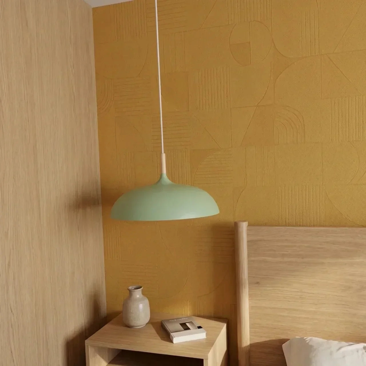 Geometric Sculptural Pendant Light With Metal Shade And Wood Accent For Modern Interiors