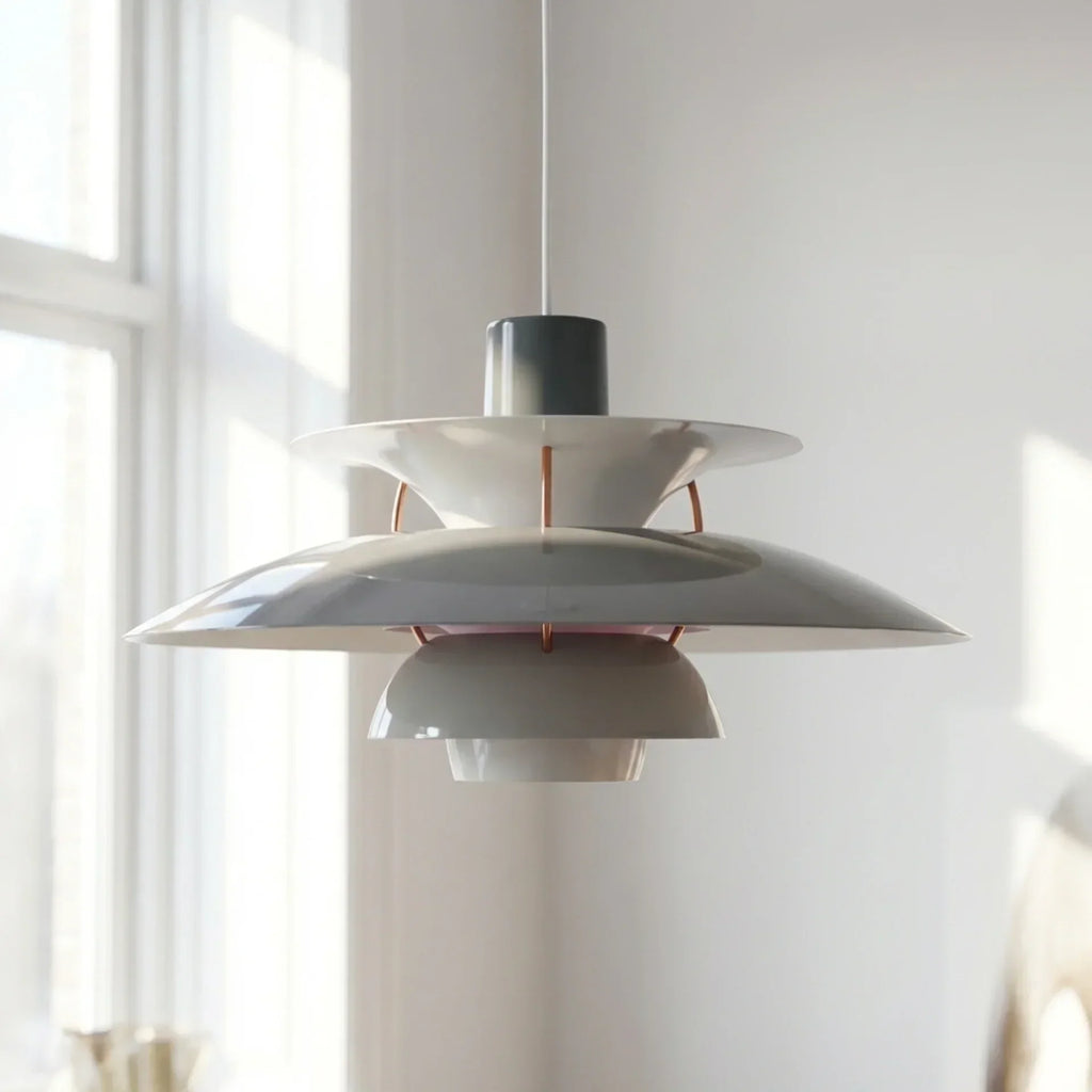 Danish Modern Inspired Pendant Fixture With Layered Shades For Downward Illumination