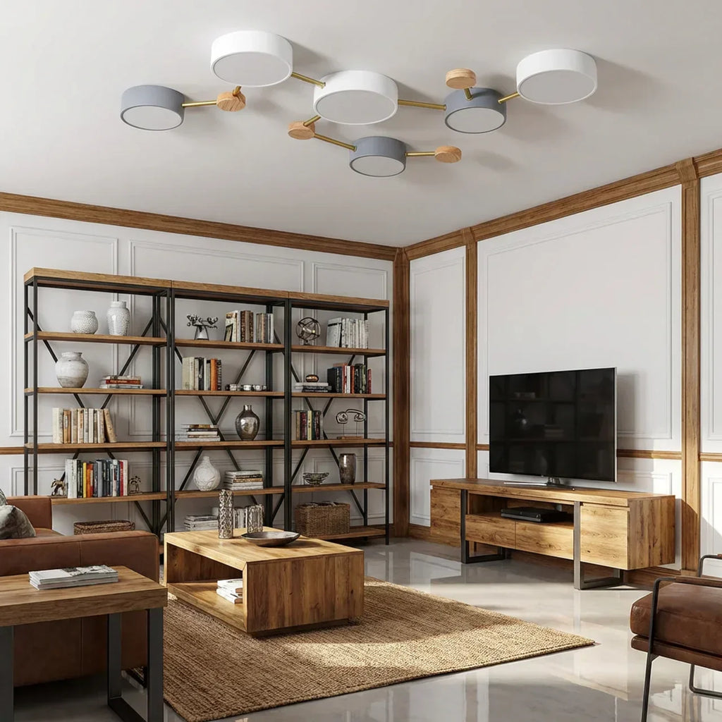 Scandinavian Low Profile Flush Mount Light Ceiling With Solid Wood Accent And Iron Frame Integrated LED