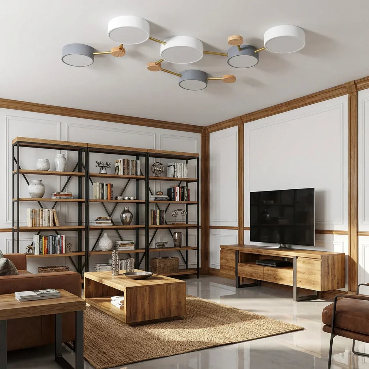 Scandinavian Low Profile Flush Mount Light Ceiling With Solid Wood Accent And Iron Frame Integrated LED