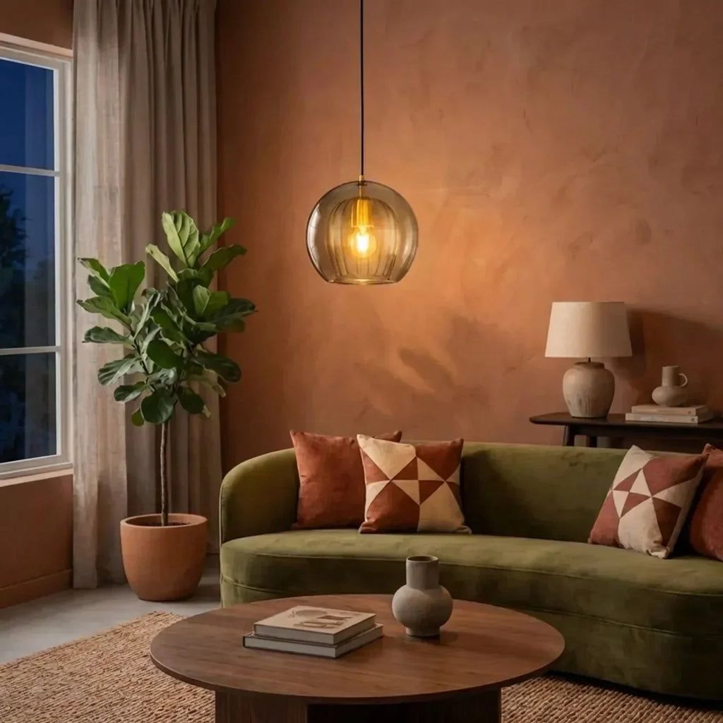 Rounded Glass Pendant Ceiling Light With Cable Suspension Available In Multiple Sizes