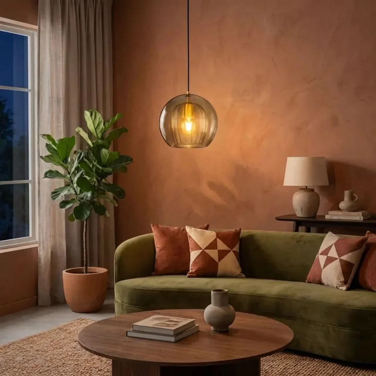 Rounded Glass Pendant Ceiling Light With Cable Suspension Available In Multiple Sizes
