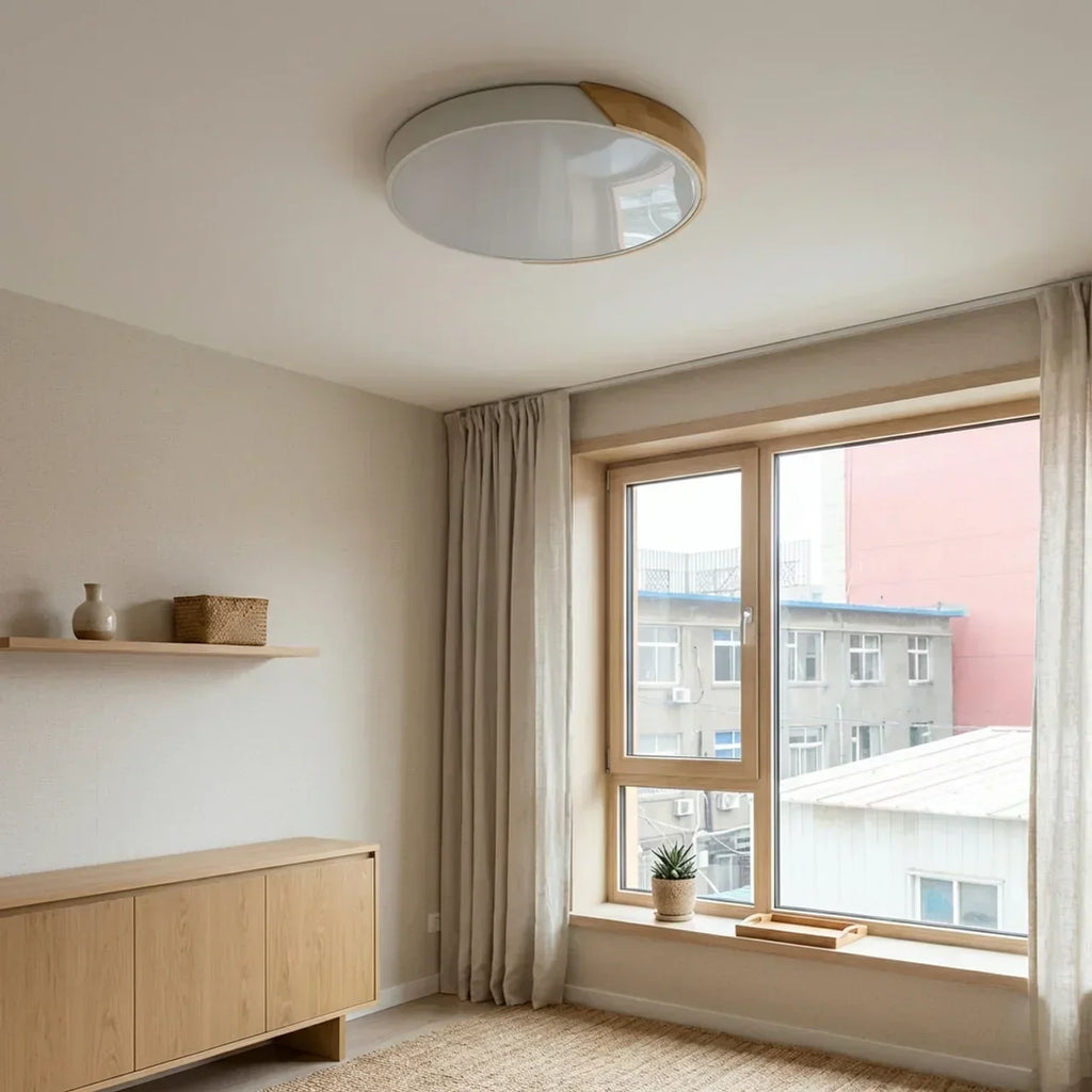 Round Wood Ceiling Light With LED Design And Flush Mount Style For Modern Indoor Living