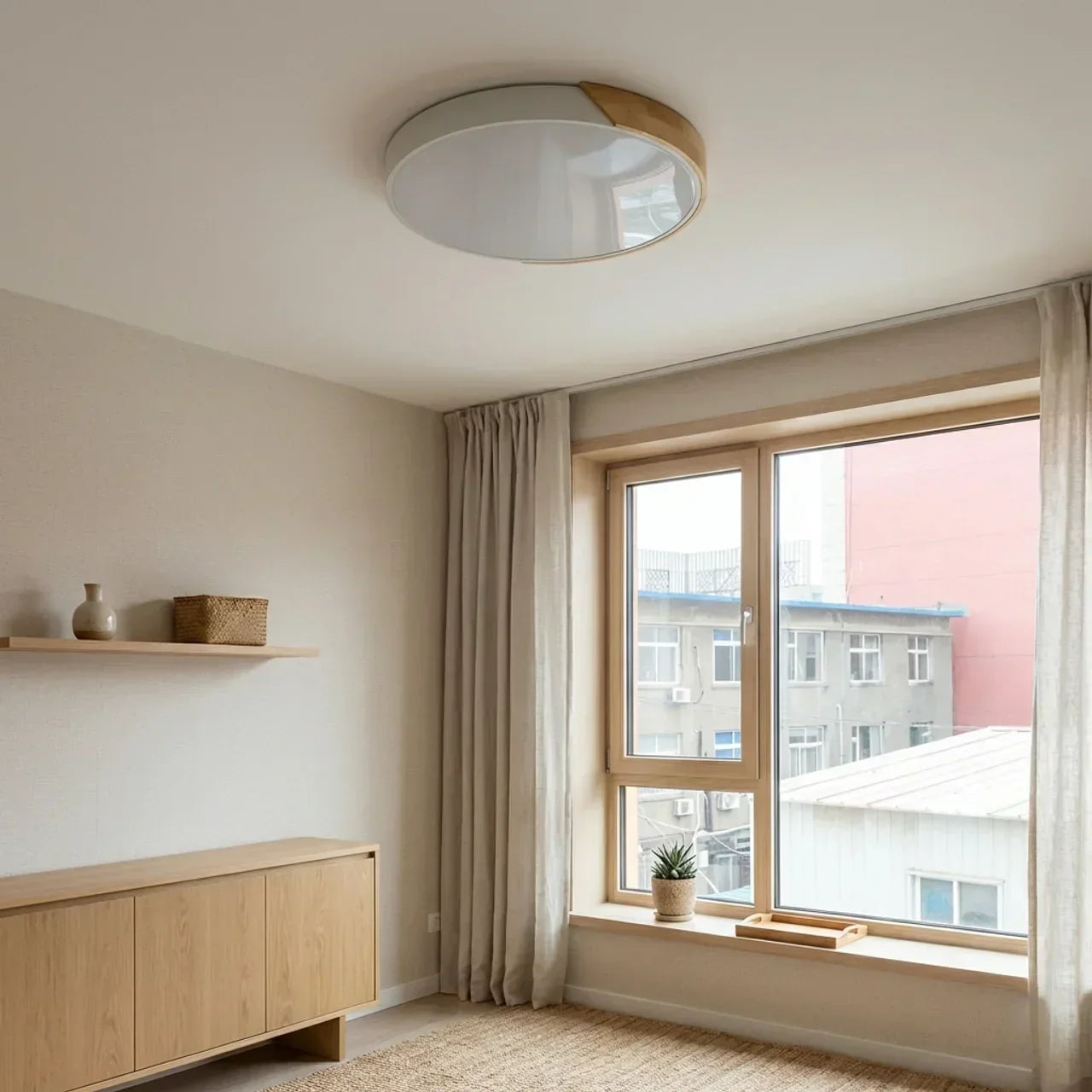 Round Wood Ceiling Light With LED Design And Flush Mount Style For Modern Indoor Living