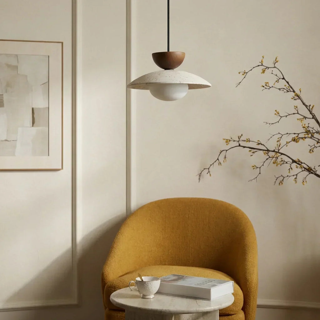 Elegant Travertine Pendant Light With Glass Diffuser And Wood Accent For Indoor Ceiling Installations