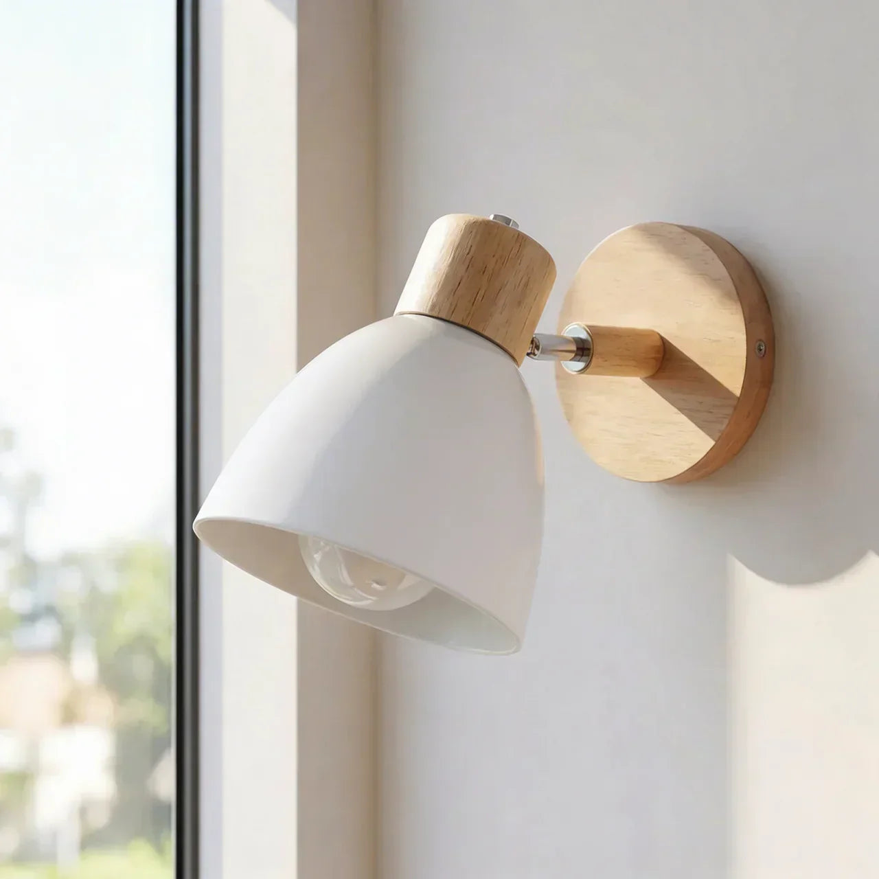 Wood and Metal Wall Sconce Light With Adjustable Shade for Indoor Living Rooms and Bedrooms