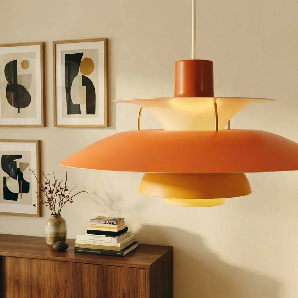 Danish Modern Inspired Pendant Fixture With Layered Shades For Downward Illumination