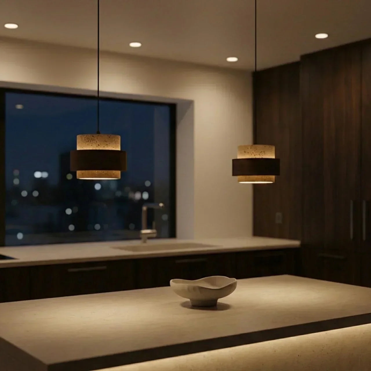 Pendant Light Made From Travertine With Walnut Wood Accent For Modern Interiors In Homes