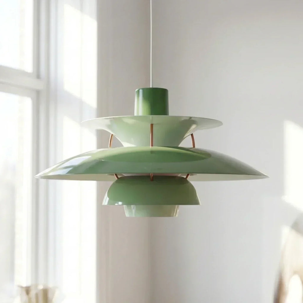 Danish Modern Inspired Pendant Fixture With Layered Shades For Downward Illumination