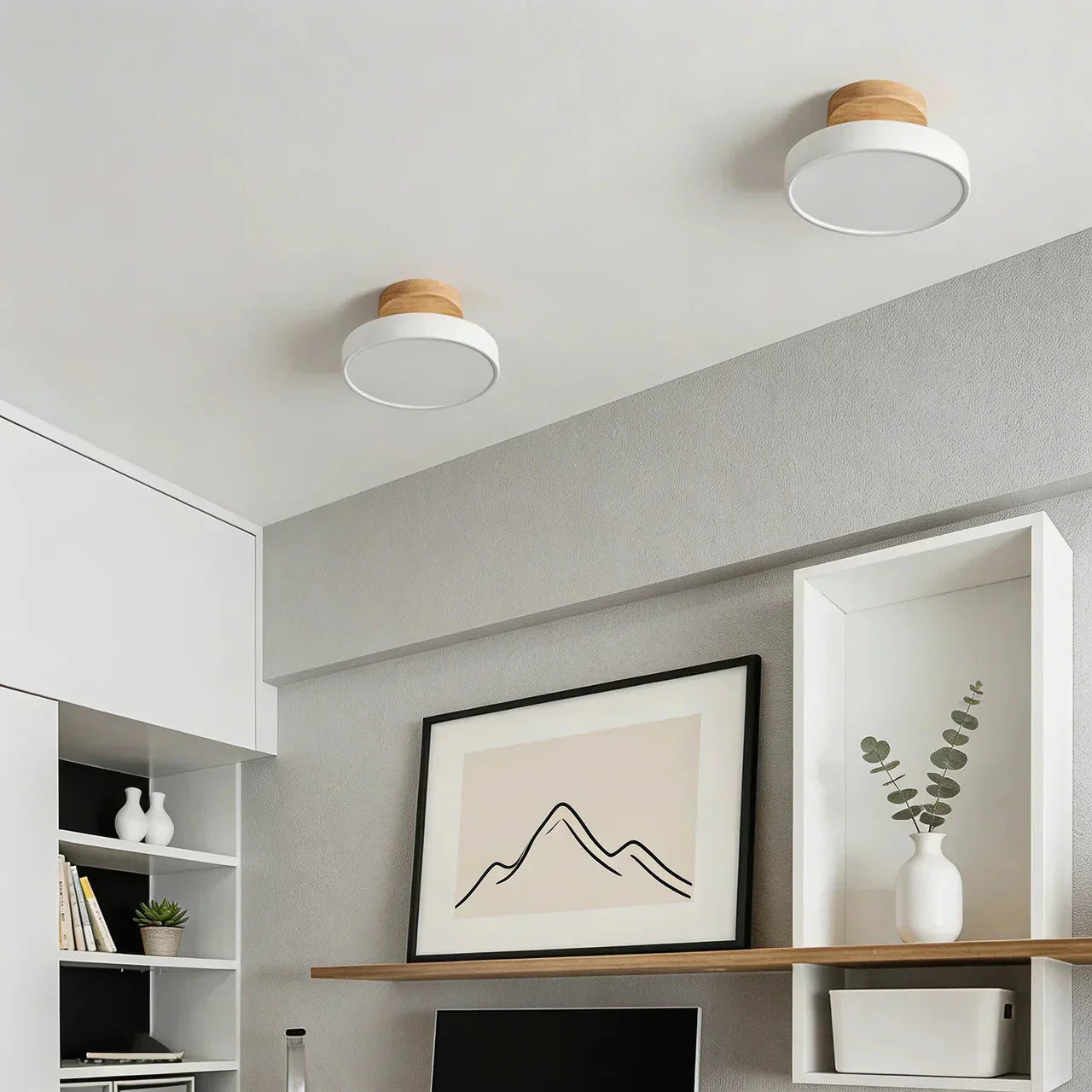 Wood Round Semi Flush Mount Ceiling Light With Integrated LED And Acrylic Diffuser