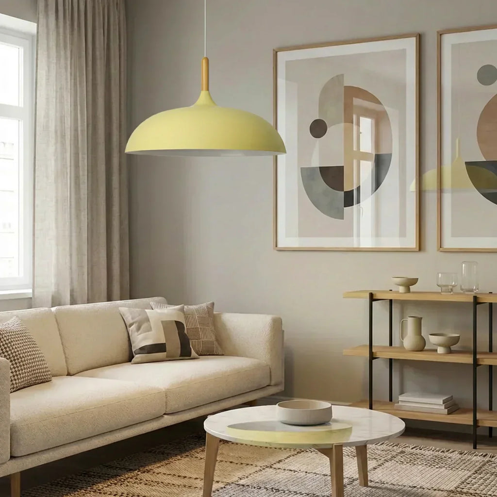 Geometric Sculptural Pendant Light With Metal Shade And Wood Accent For Modern Interiors