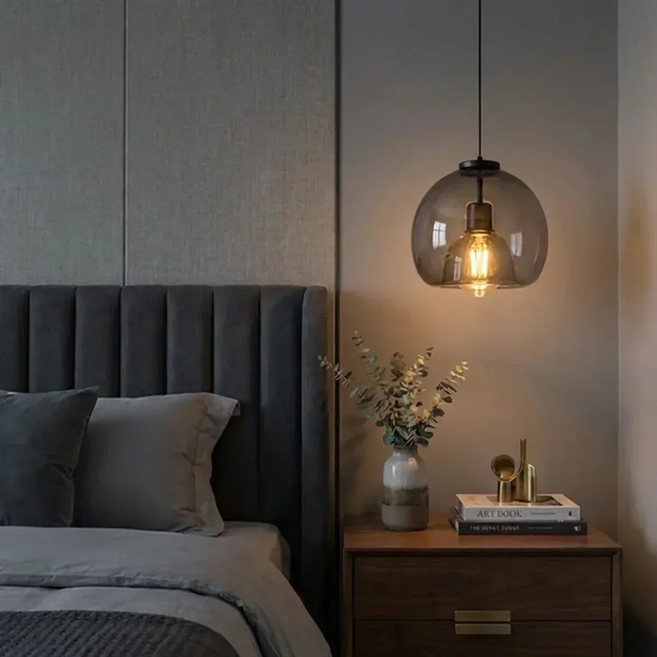 Smoked Glass Pendant Light With Dome Shade And Metal Fittings For Kitchens And Living Areas