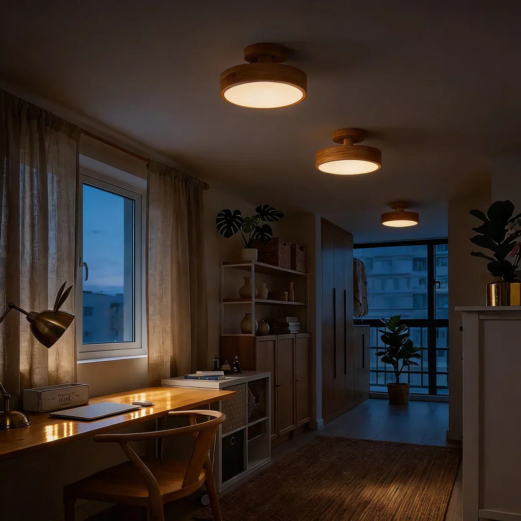 Wood Round Semi Flush Mount Ceiling Light With Integrated LED And Acrylic Diffuser