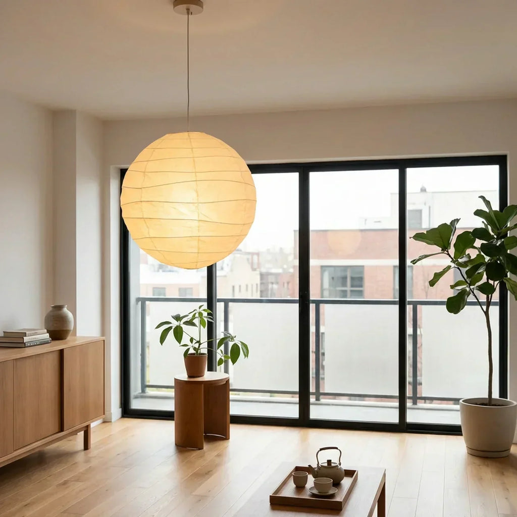 Indoor Ceiling Light Pendant With Rice Paper Sphere Shade For Elegant Home Interiors In Living Rooms And Entryways