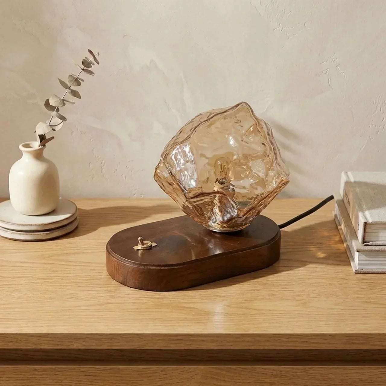 Table Lamp With Organic Glass Shade And Wooden Base For Indoor Ambient Living Areas