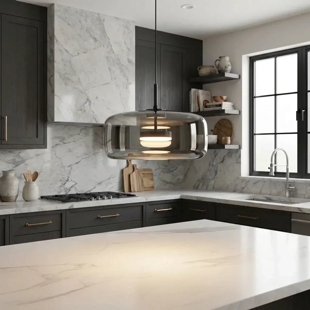 Modern Pendant Light With Smoked Glass Shade And Integrated LED For Ceiling Mount In Modern Homes And Offices