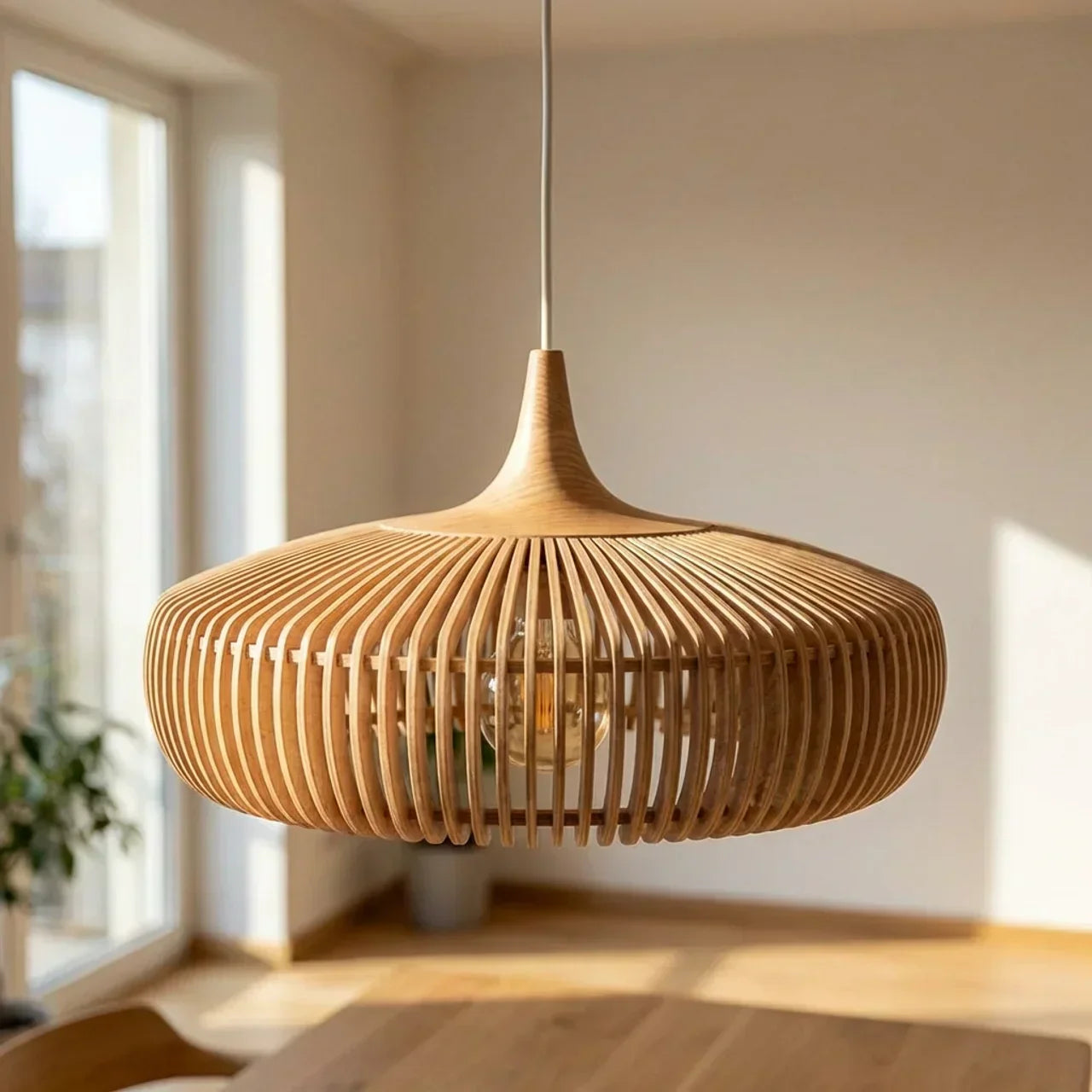Warm Glow Wood Pendant Light With Minimalist Dome For Modern Interiors And Calm Ambience