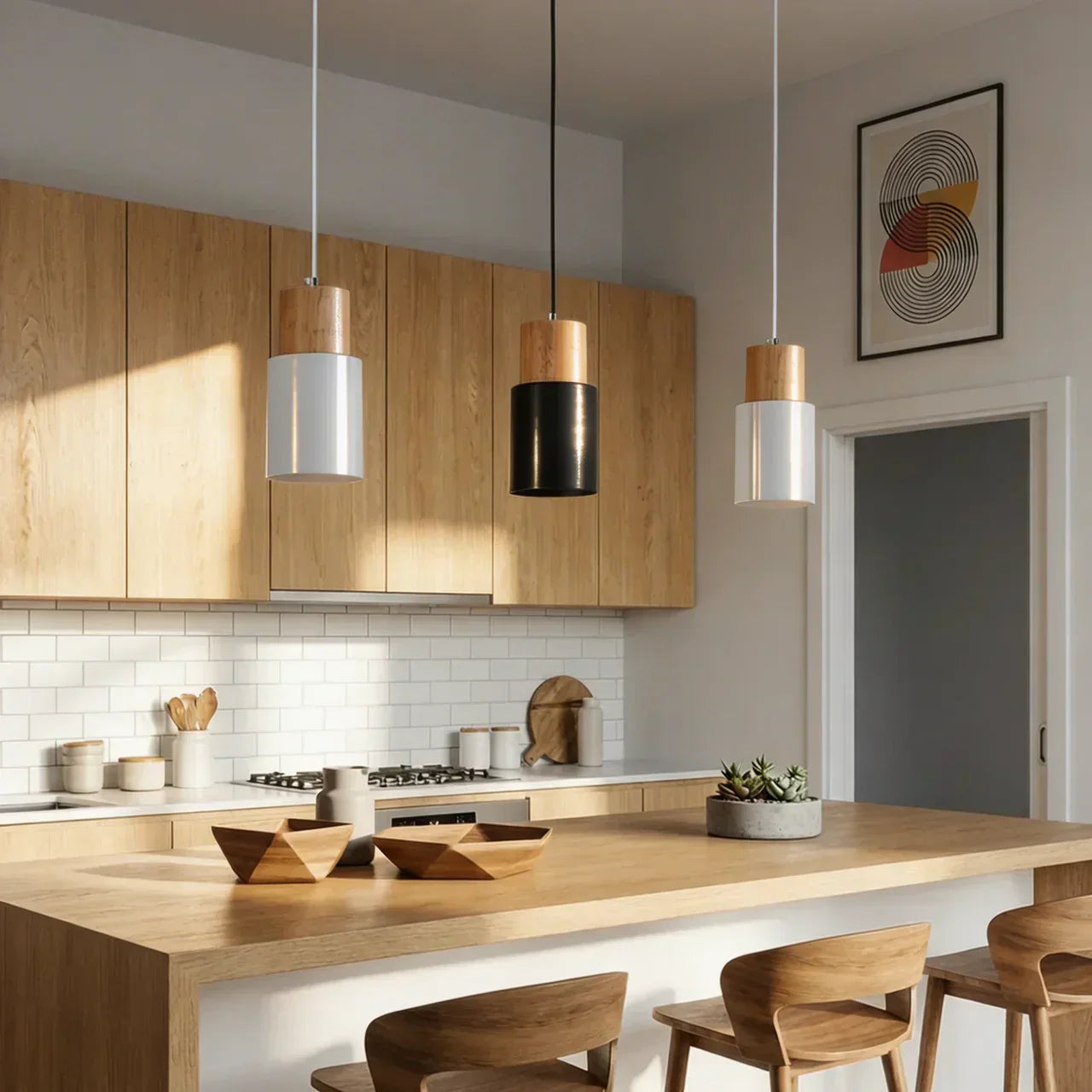 Aluminium Cylinder Pendant Light With Wood Detail Ceiling Mount Fixture And Adjustable Cord For Home Interiors