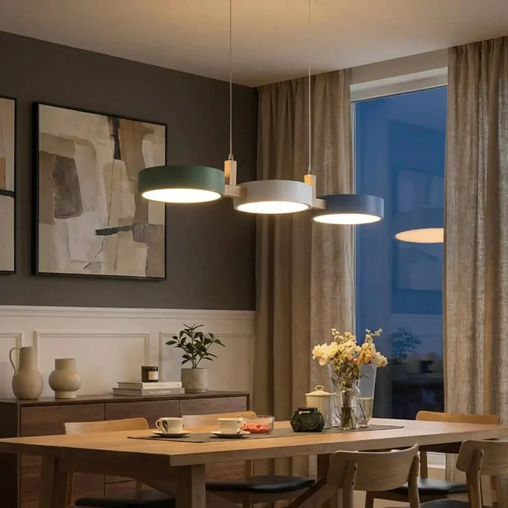 Wood Beam Pendant Light With Metal Drum Shade Array For Ceiling Installations Above Kitchen Islands